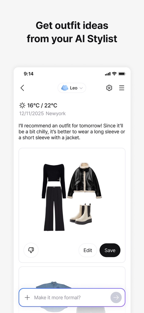 Acloset - AI Fashion Assistant - Discover how the AI Stylist provides personalized "outfit recommendations" with visual examples and options to "Edit" or "Save" preferred looks.