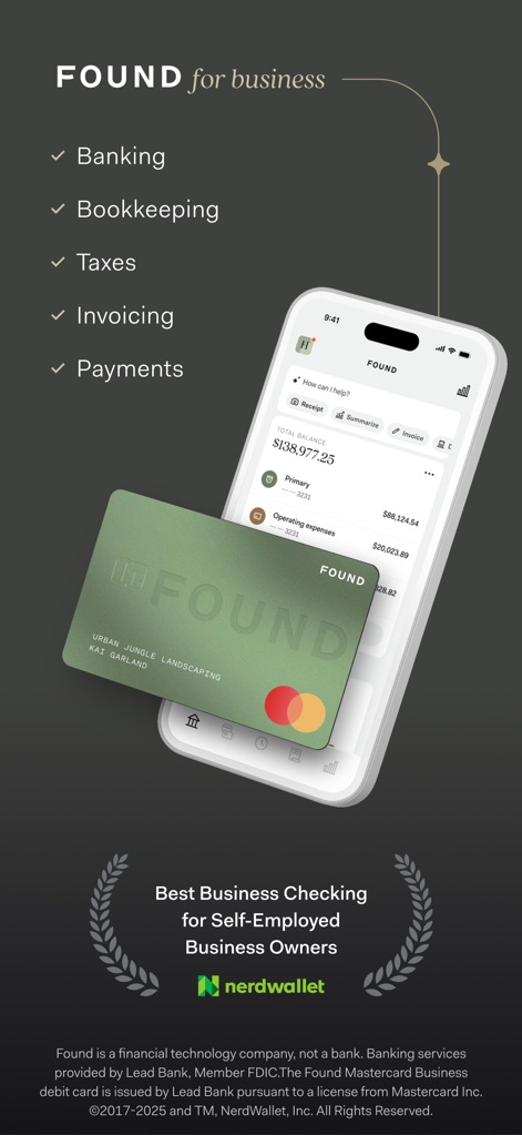 Found: Business Banking - This graphic highlights Found's comprehensive services, from the listed banking and bookkeeping features to the prominently displayed Found Mastercard Business debit card.