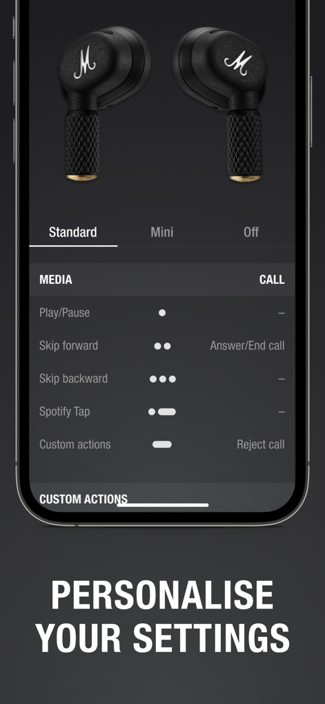 Marshall Bluetooth - Nutzer können die Bedienelemente ihrer Ohrhörer individuell anpassen, indem sie spezifische Aktionen für Medienwiedergabe (z.B. Play/Pause) und Anrufe (z.B. Anruf annehmen/beenden) konfigurieren.