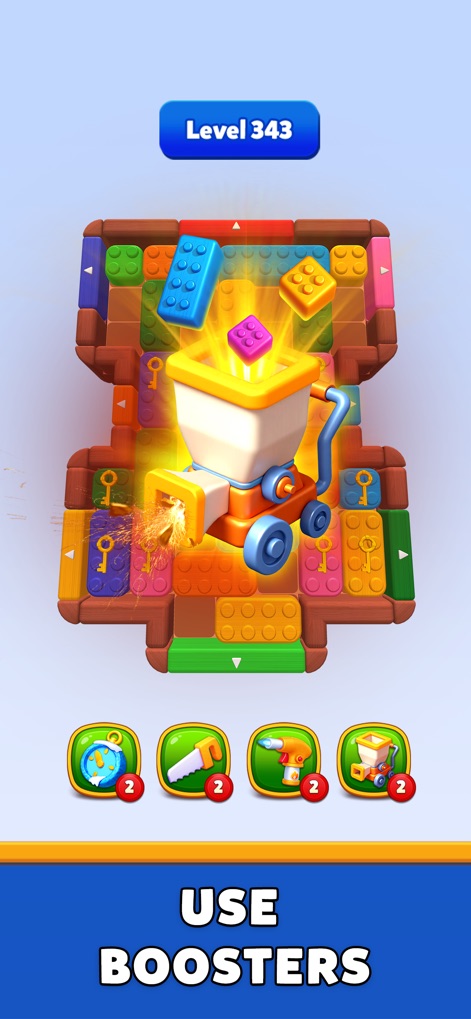 Color Block Run - Puzzle Game - Esta pantalla ilustra la potencia de los potenciadores, mostrando una máquina trituradora en acción y las brillantes explosiones de bloques que transforman el tablero.