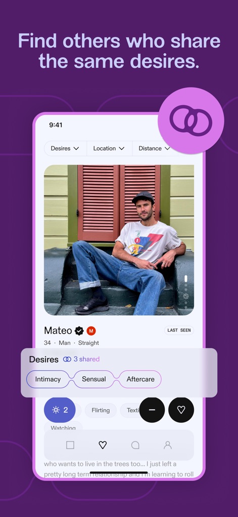 Feeld: Dating for the Curious - Esta captura de perfil individual exhibe la sección de 'Deseos', donde los usuarios pueden expresar sus intereses específicos como 'Intimacy' (intimidad) y 'Sensual' (sensualidad), facilitando la búsqueda de conexiones compatibles.
