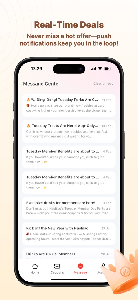 Haidilao - Users can stay informed with the app's real-time push notifications, which deliver timely updates on exclusive member perks and important event announcements directly to the Message Center.