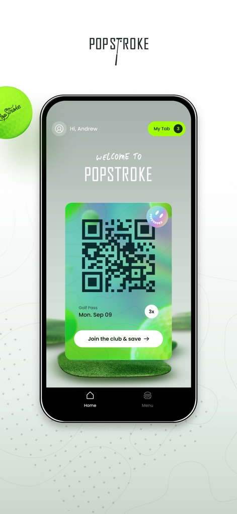 PopStroke - このアプリは、ユーザーがGolf PassのQRコードを提示してスムーズに入場できる機能と、画面上部の「My Tab」で未精算の注文状況を確認できる視覚的要素を提供します。