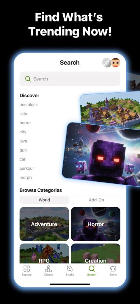 Addons for Minecraft - Users can efficiently "Find What's Trending Now!" through the comprehensive search bar and easily navigate curated "Browse Categories" like "Adventure" and "Horror" for specific content.