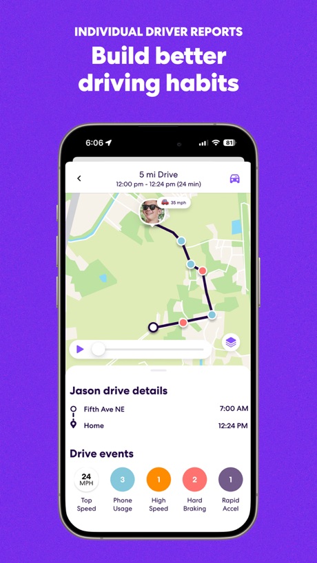 Life360: Family Safety & GPS App Store screenshot 4, headline “Build better driving habits”. Illustration or mascot.