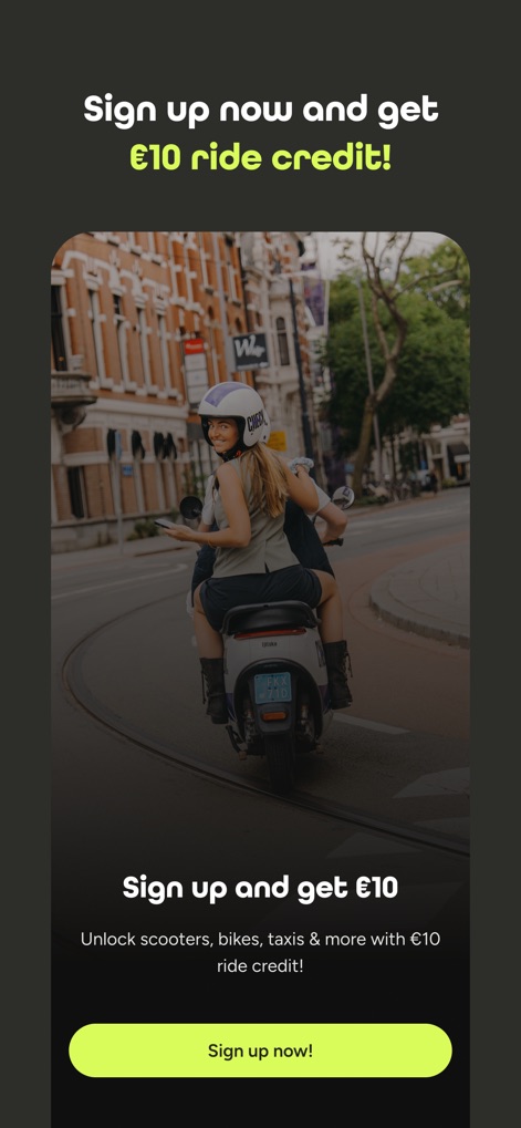 umob – all rides in one app - The app highlights enticing sign-up incentives, such as the €10 ride credit, to encourage new users to join and begin their urban journeys.