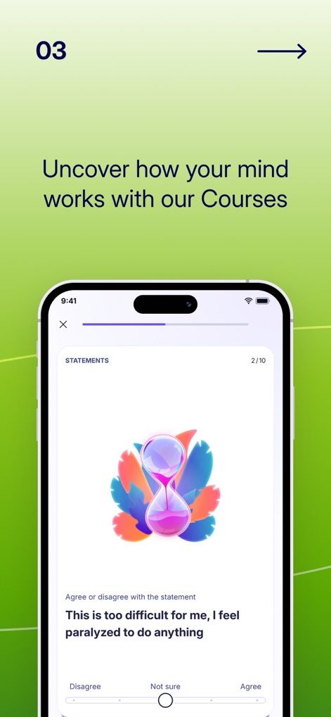 Liven: Discover yourself - This interactive screen presents statements for users to agree or disagree with, for example, 'This is too difficult for me, I feel paralyzed to do anything', visually represented by a vibrant hourglass graphic, fostering self-reflection.