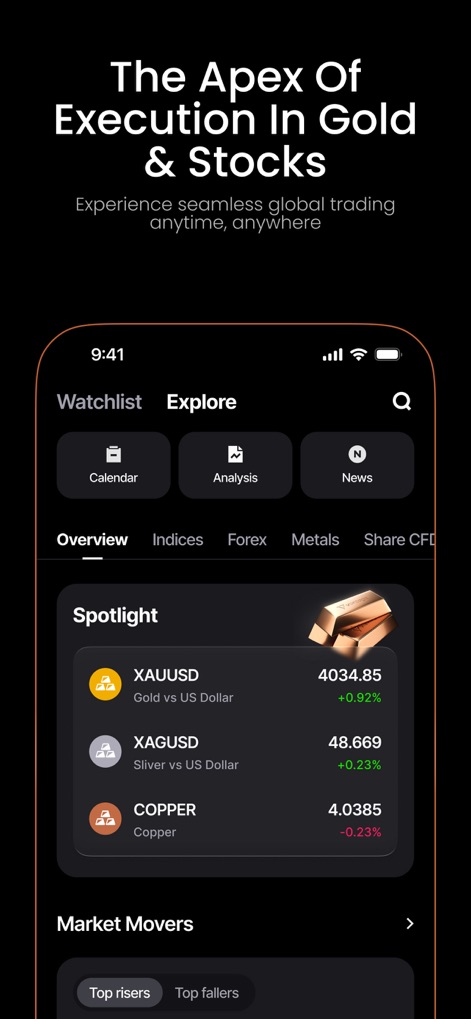 Vantage:All-In-One Trading App - Users can explore market opportunities with a customizable "Watchlist" featuring specific assets like "Gold vs US Dollar" and dedicated "Analysis" tools.