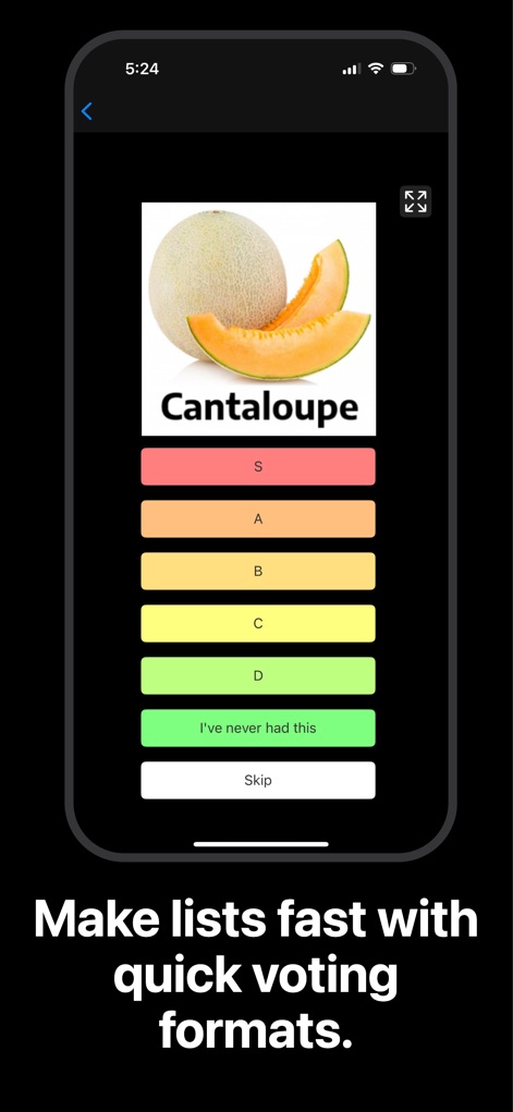 TierMaker.com - La funzionalità di voto rapido permette agli utenti di classificare rapidamente gli elementi con opzioni predefinite (come S, A, B, C, D), visualizzando chiaramente l'immagine dell'elemento da valutare, come il "Cantaloupe".