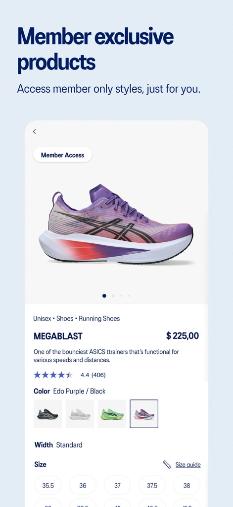 ASICSㅤ - Explore 'Member exclusive products' featuring detailed views of premium footwear and multiple color selection options for personalized choices.