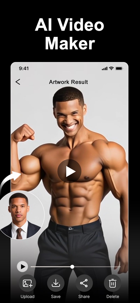 Vidmor-AI video Generator - Witness the app's capability for transformative AI rendition, turning an original image insertion into a dramatically altered character.