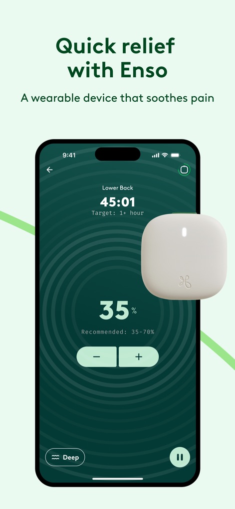 Hinge Health - L'application présente l'interface du dispositif "Enso", affichant clairement le "temps de session (45:01)" et le "niveau d'intensité (35%)" recommandé.