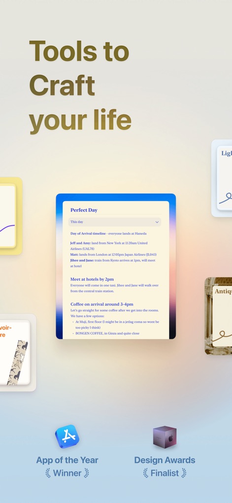 Craft: Notes, Documents, AI - L'application permet d'organiser méticuleusement les journées grâce à des notes structurées comme le plan "Perfect Day" et met en avant son design primé, reconnu par des récompenses comme "App of the Year Winner".