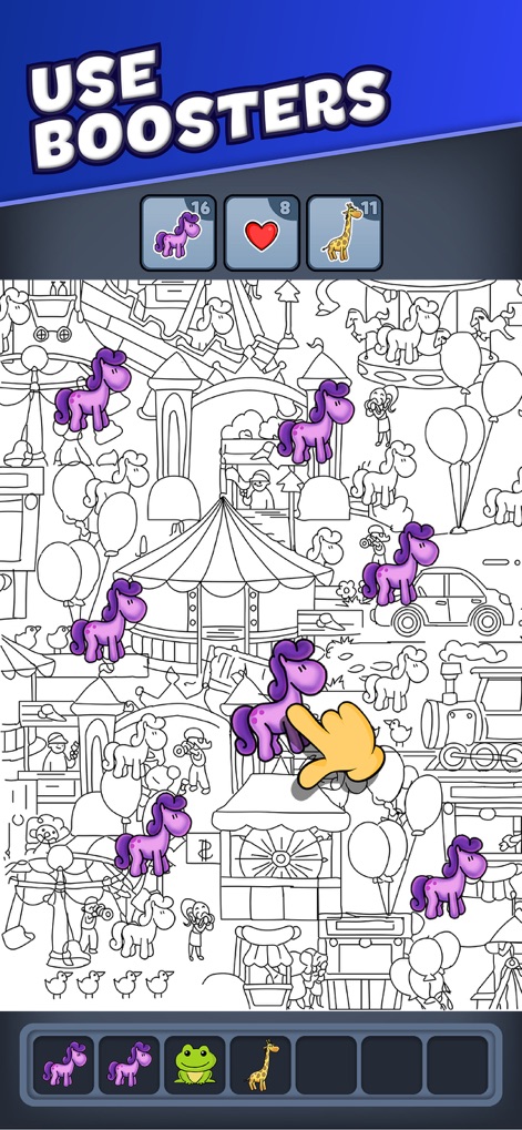 Triple Match City - This image demonstrates how users can strategically tap to collect multiple unicorn items while monitoring the counts of other collected objects displayed in the top boxes.