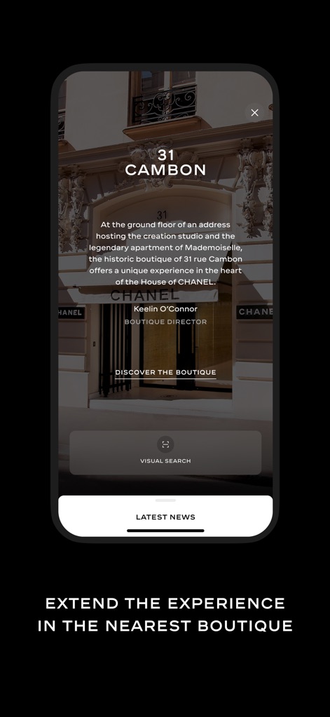 CHANEL FASHION - アプリは歴史的な「31 CAMBON」ブティックの詳細情報を提供し、ユーザーは「Discover the Boutique」ボタンや「Visual Search」機能を通じて店舗体験を拡張できます。