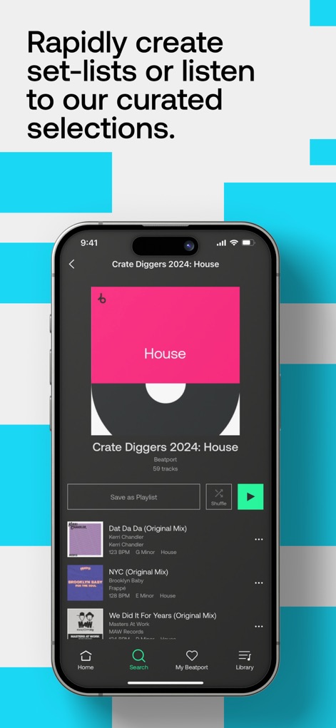 Beatport: Music for DJs App - Esta tela ilustra a organização de set-lists através da playlist "Crate Diggers 2024: House", permitindo aos usuários salvar seleções de faixas como "Dat Da Da Da (Original Mix)" e ativar o modo "Shuffle" para reprodução variada.