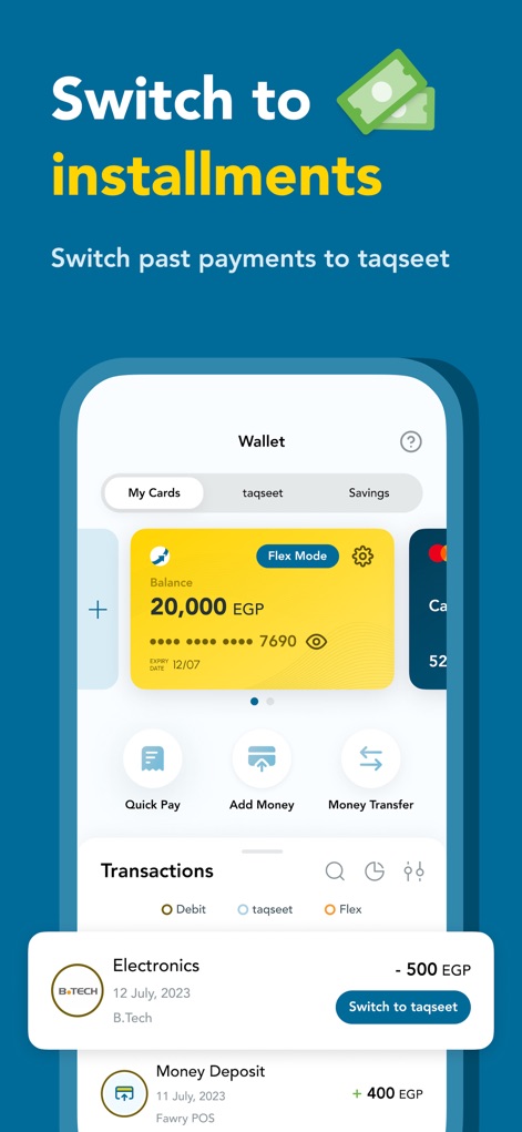 myfawry - L'interfaccia 'Wallet' permette agli utenti di convertire facilmente le transazioni passate in rate, come evidenziato dal pulsante 'Switch to taqseet' e dal saldo visibile della 'yellowcard' che mostra '20,000 EGP'.