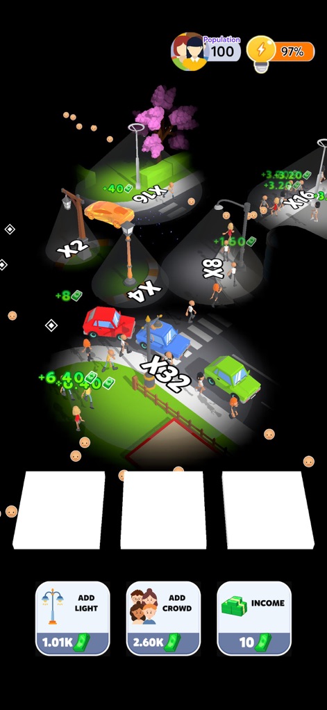 City Lights 3D - Observe a bustling city section, featuring a crosswalk and a cherry blossom tree, as new lights continue to expand its bright, colorful 3D graphics.