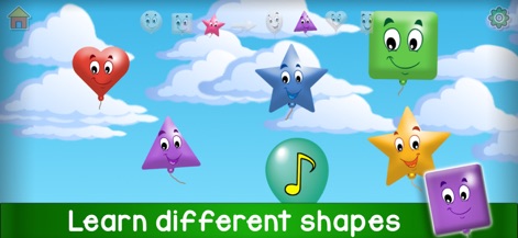 Kids Balloon Pop Language Game - Engage with the 'Shapes' mode, where balloons are creatively designed as various geometric forms like hearts and squares, flying amidst a clear sky.