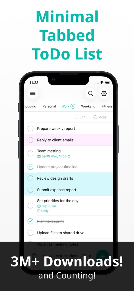 Minimal Tabbed ToDo List - See how the app's intuitive tabbed interface, exemplified by the 'Work' tab, visually segregates tasks and utilizes color-coding for effortless identification of task statuses.