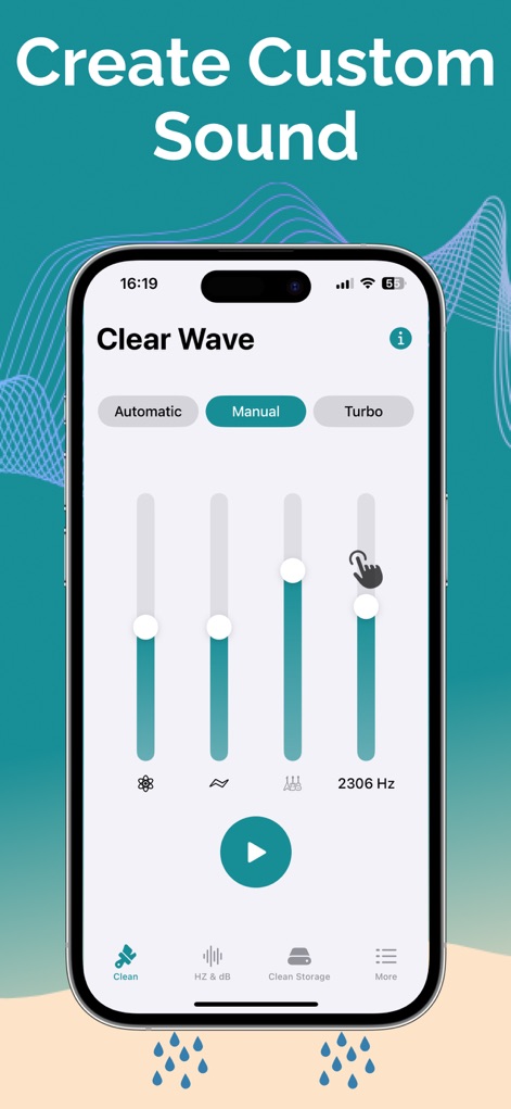 Clear Wave - Remove Water - Users can fine-tune audio output through the 'Manual' mode, utilizing the precise frequency adjustment sliders for targeted sound generation.