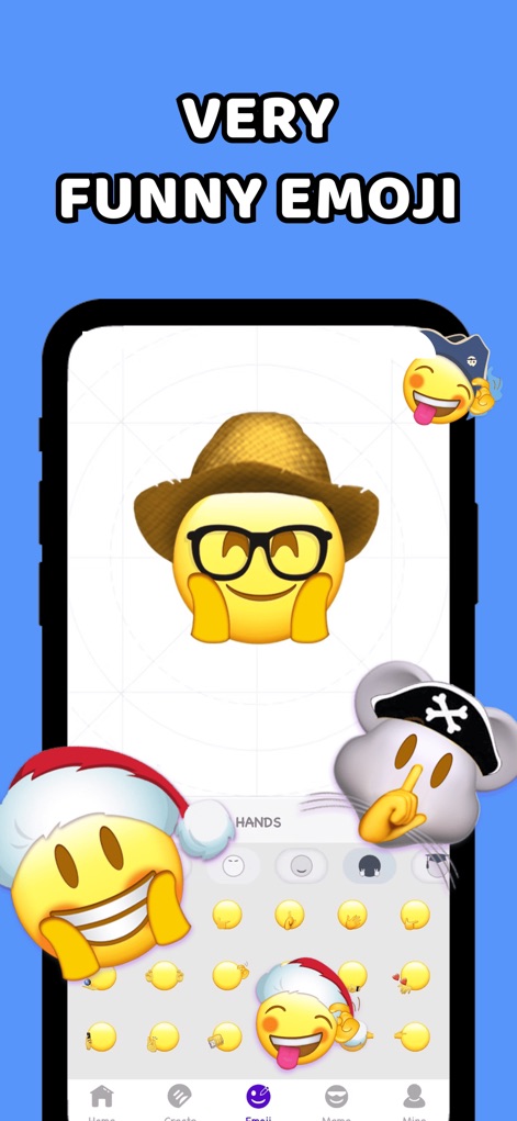 Easy Stickers - Sticker maker - Esta tela destaca a capacidade de editar emojis, apresentando um emoji grande e customizado com chapéu e óculos, além de uma grade inferior com partes de emojis para personalização detalhada.