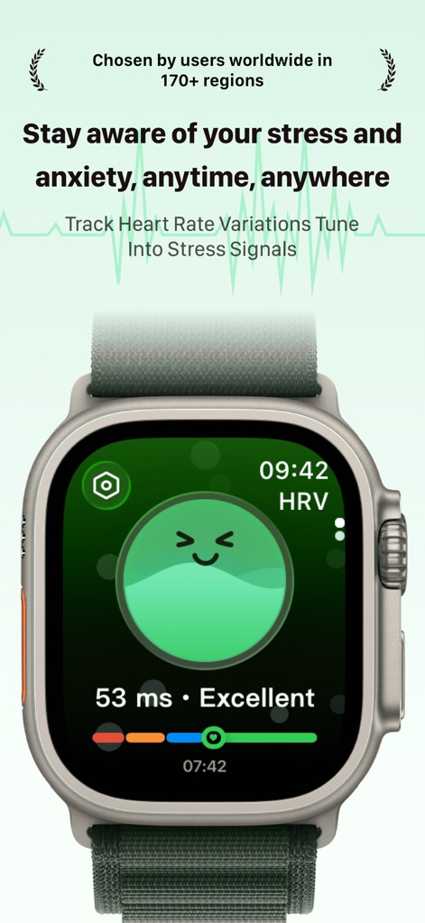 RelaxWatch: Stress&HRV Tracker - ユーザーはApple Watchで心拍変動（HRV）の現在の状態を「Excellent」と表示された数値で確認し、リアルタイムのHRVグラフを通じてストレス信号を把握できます。