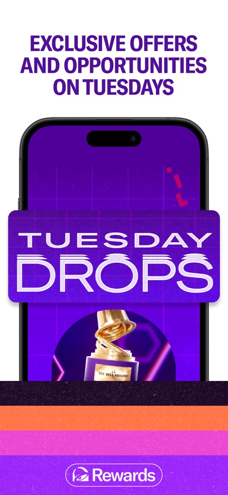 Taco Bell Fast Food & Delivery - The app advertises special engagement opportunities with a striking 'TUESDAY DROPS' graphic and hints at exclusive content with 'THE BELL AWARDS' trophy.