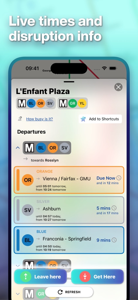 Mapway: Maps & Transit Planner - The app offers "Live Departure Boards" with real-time updates for stations like L'Enfant Plaza, showing estimated arrival times and potential "Crowdsourced Station Busyness" insights.