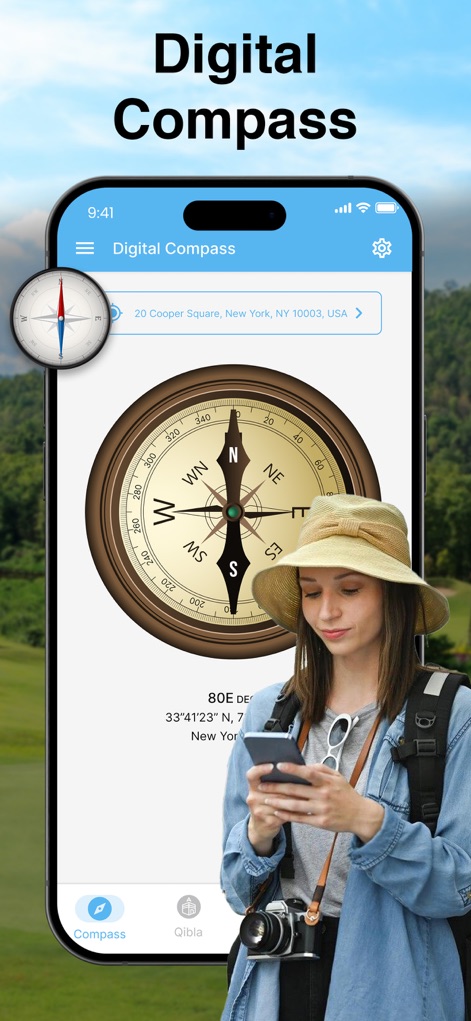 Compass App - Qibla finder - Esta tela mostra a funcionalidade da bússola digital, com um design clássico da bússola e a exibição clara do endereço atual do usuário na barra de busca.