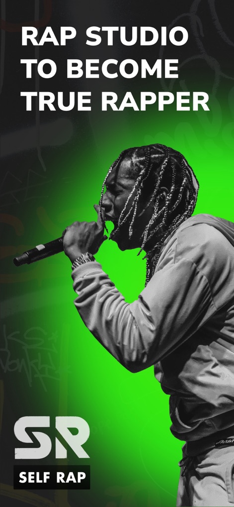 Self Rap - Fame Rapping Studio - Questa schermata mostra un artista rap esibirsi, simboleggiando la trasformazione in un 'vero rapper' che l'app promette, e presenta il logo 'SR Self Rap' in evidenza.