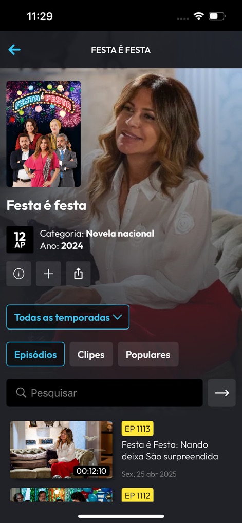 TVI Player - This view showcases comprehensive program metadata, such as 'Categoria: Novela nacional', and a clear, scrollable list of available episodes with their respective titles.
