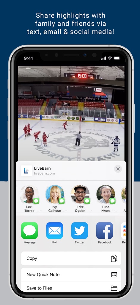 LiveBarn - Users can quickly share memorable moments from the hockey game video using the familiar iOS sharing sheet, reaching family and friends across multiple platforms.