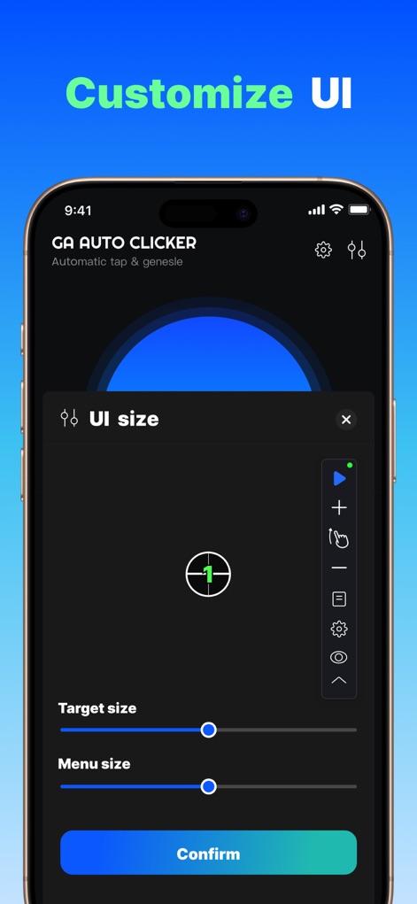 GA Auto Clicker - Users can "Customize UI" elements by adjusting the "Target size" slider for click points and the "Menu size" slider for the floating control panel, optimizing screen real estate.