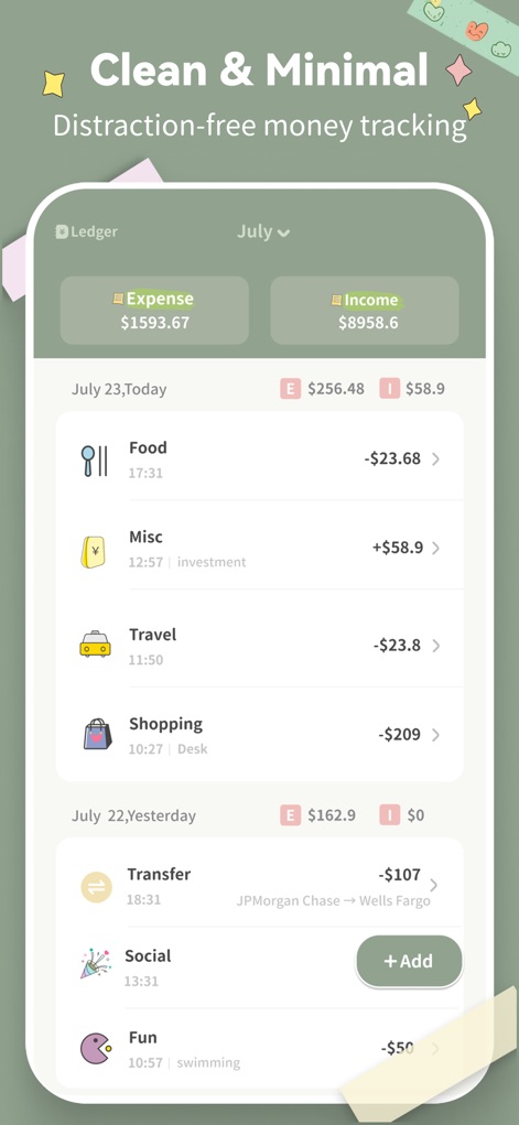 SmileBudget - A interface principal mostra um resumo claro das finanças, com o total de despesas e receitas do mês de julho e uma lista detalhada de transações diárias.