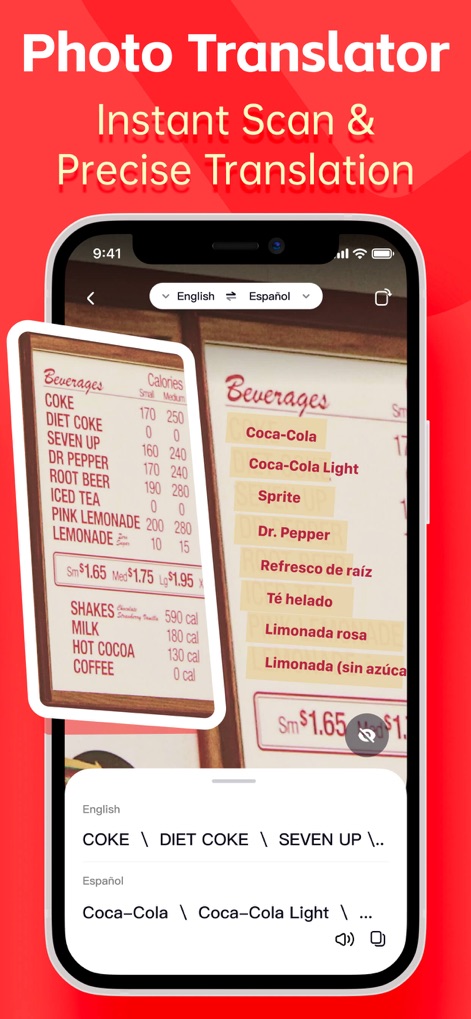AI Voice Translate:Translator - A funcionalidade de tradução por foto é exibida, mostrando um menu de restaurante sendo escaneado e traduzido instantaneamente, com o texto original e o traduzido claramente visíveis.