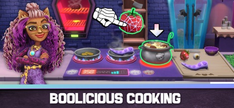 Monster High Fangtastic Life - The app invites players to experiment with boolicious cooking, combining ingredients like the spiderweb tomato in a simmering cauldron pot.