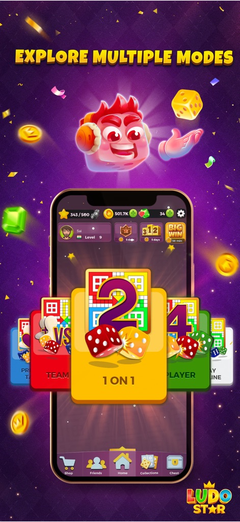 Ludo STAR - Explore an array of engaging game modes like '1 ON 1' and 'TEAM UP', complemented by an extensive collection of unique animated dice options.