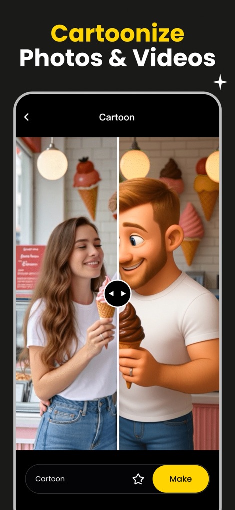 AI Movie Generator - KakaPic - リアルな写真がカートゥーン調に変換される様子が示されており、ビフォーアフターを比較できるスライダー機能が視覚的にわかりやすく提示されています。