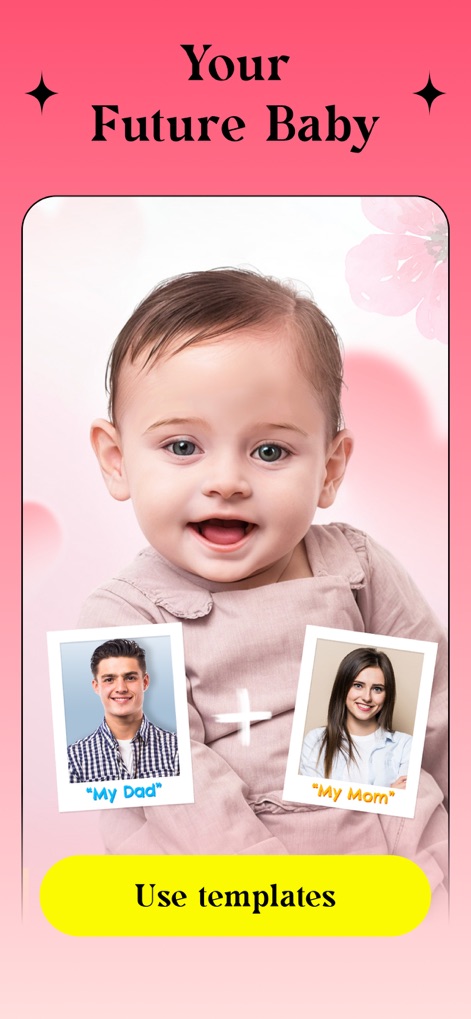 Ritmo Video: AI Video Generate - Discover what your future child might look like by combining parent photos, generating a charming baby portrait complete with "My Dad" and "My Mom" tags.