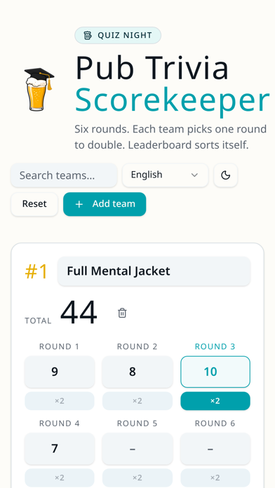 Pub Trivia Scorekeeper app screenshot