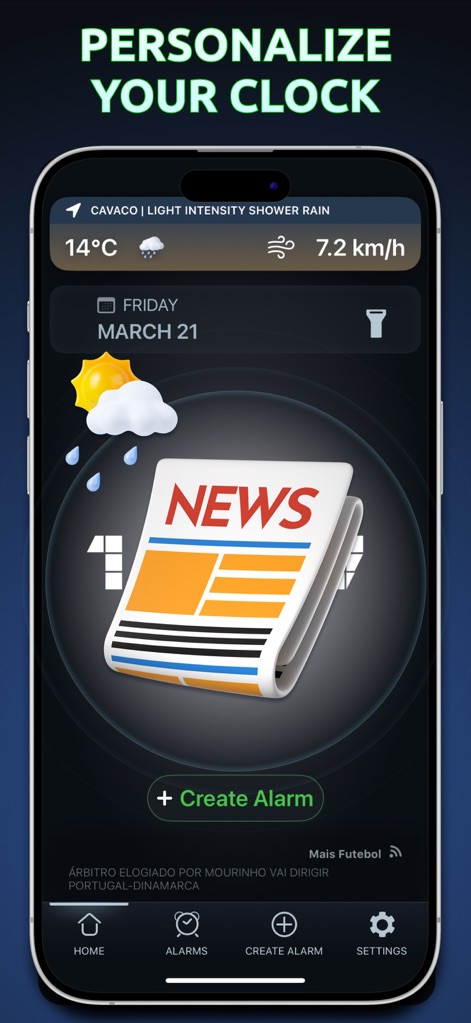 Alarm Clock App: myAlarm Clock - The app's home screen provides immediate access to current weather conditions and headline news, alongside a prominent 'Create Alarm' button for quick setup.