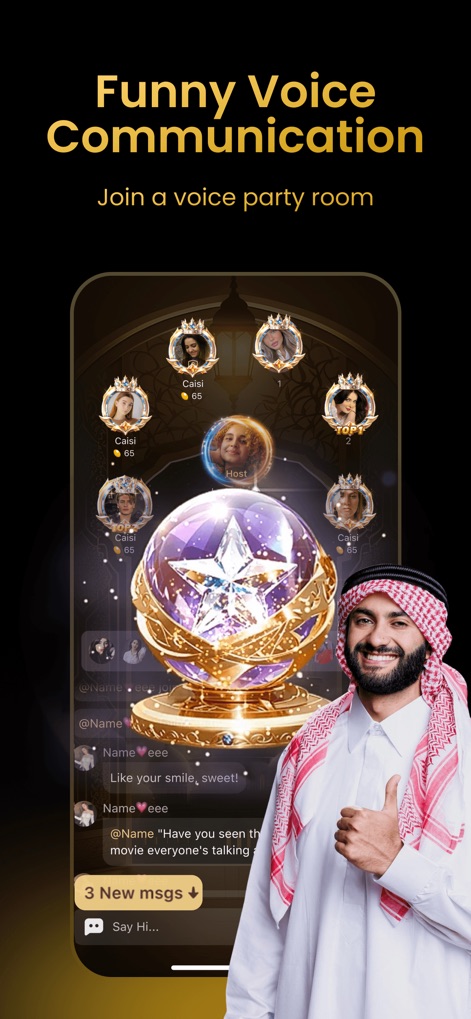 Catchii-Voice party Rooms - This tool brings engaging voice communication to life, featuring a prominent 'central host icon' and a real-time 'chat message feed' for lively interactions.