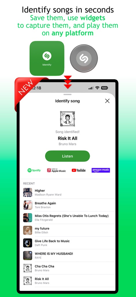 Youtify for Spotify Premium - Die App bietet eine schnelle Liederkennungsfunktion, die von Shazam unterstützt wird, und listet kürzlich identifizierte Titel mit direkten Wiedergabeoptionen über Spotify und Apple Music auf.