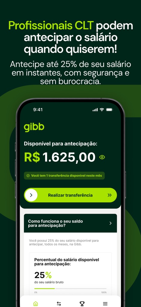 Gibb Salário Sob Demanda - This tool clearly displays the 'available amount for anticipation' (R$ 1.625,00) and the straightforward 'Perform Transfer' button, empowering users with immediate options.