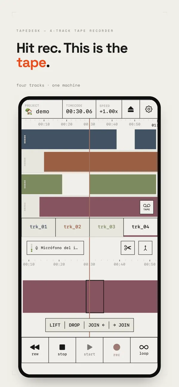 Screenshot #1 pour TapeDesk: 4-Track Tape Studio