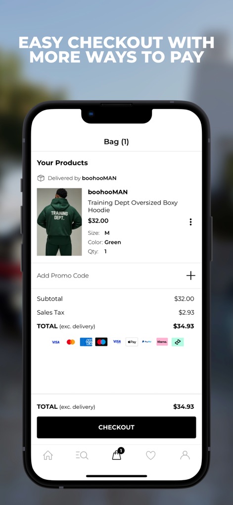 BOOHOOMAN: Shop Men’s Clothing - La pantalla del carrito muestra un desglose detallado del producto, incluyendo su precio y cantidad, y presenta múltiples opciones de pago para una experiencia de compra eficiente.