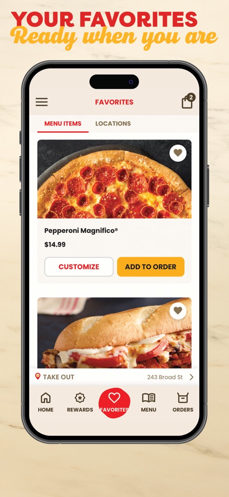 Marco’s Pizza - This dedicated section stores frequently ordered menu items and preferred locations, enabling rapid reordering and customization with a single tap.