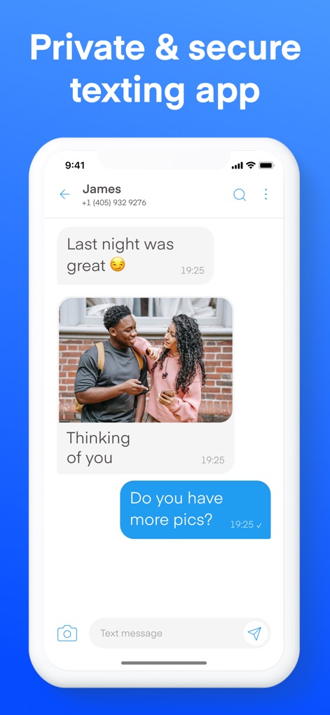 Text Vault - Texting App - このアプリは、ユーザーがJamesとのテキストと写真の交換を通じて、安全でプライベートなコミュニケーションを維持できる機能を提供します。
