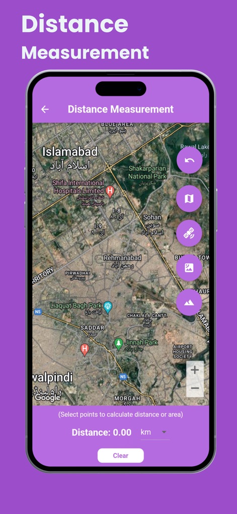Live Satellite View & GPS Maps - This tool enables users to measure distances directly on the map, providing clear numerical results in 'km' and showing geographical features like 'Rawal Lake'.